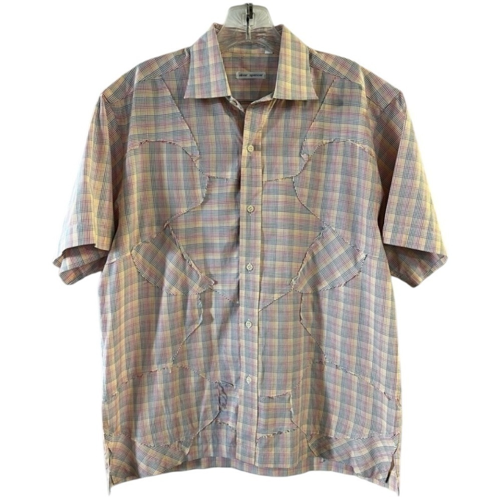 Oliver Spencer Button Up Checkered Cotton Short Sleeve Men’s Shirt Size 15.5